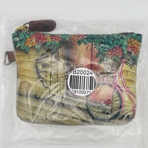 Anna by Anuschka Coin Purse Handpainted Leather Vintage Bicycle Wallet Zipper